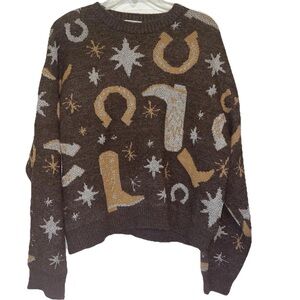 Brown and White Crew Neck Sweater with Playful Patterns